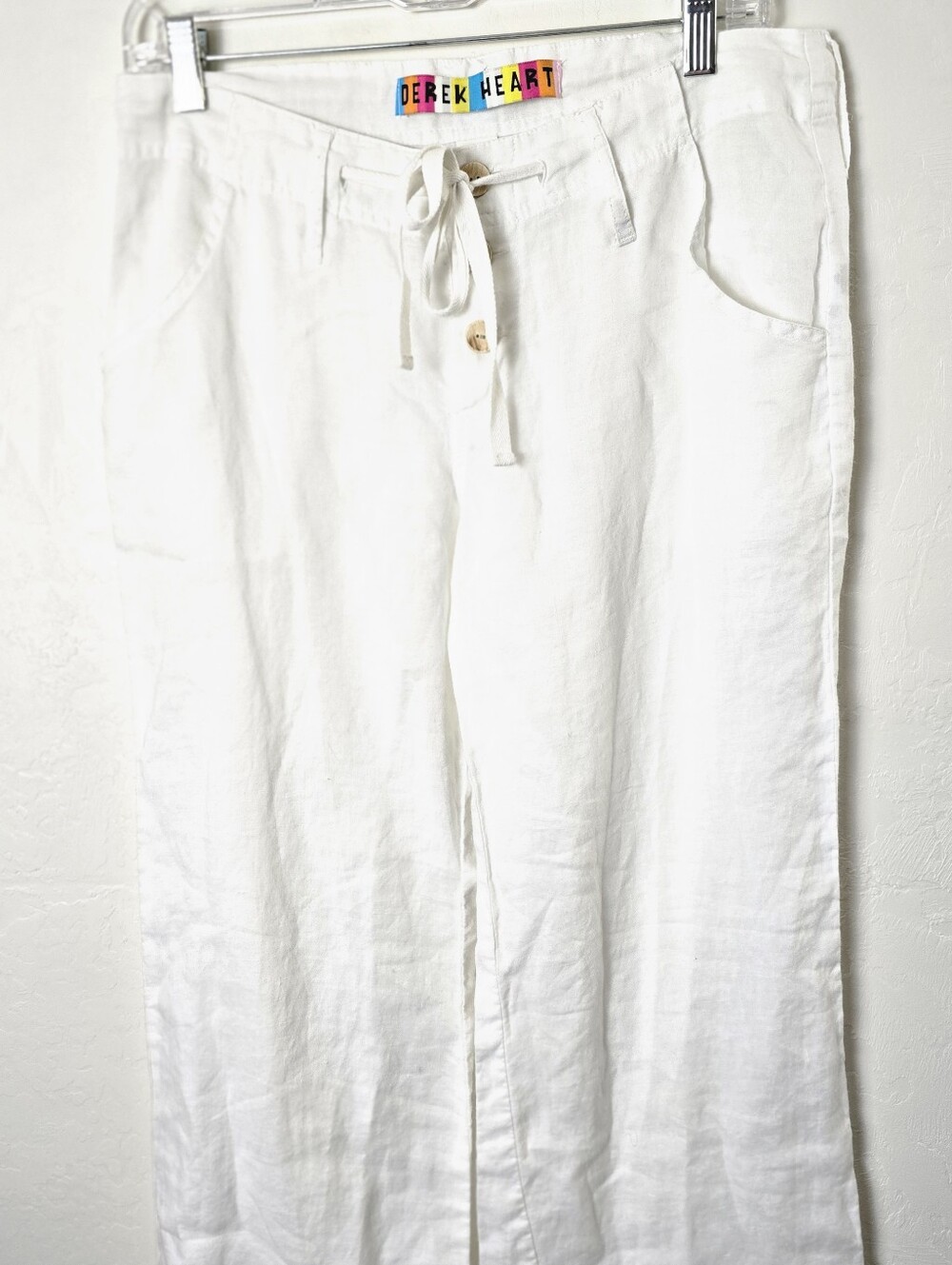 Derek Heart White Linen Blend Wide Leg Pants Relaxed Beach Drawstring Button 8 - Picture 9 of 16